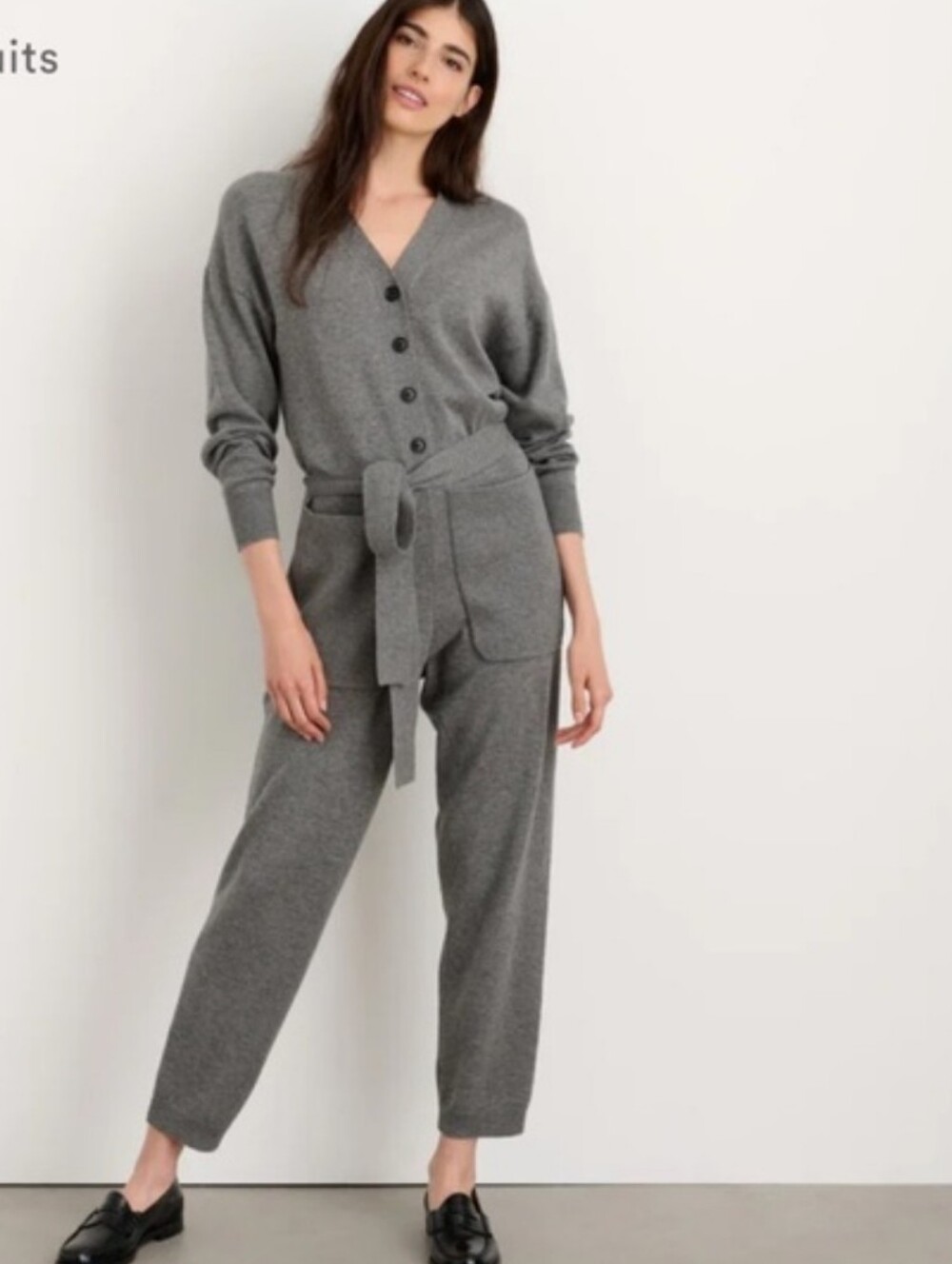 Alex Mill Grey Knit Wool Sweater Button-Front Jumpsuit with Tie Waist Small